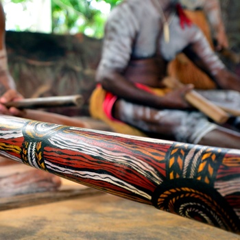 Yirrganydji Aboriginal mænd spiller på Didgeridoo 