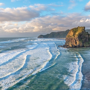 Stranden Piha Beach og Lion Rock i Waitakere Ranges Regional Park - Nordøen i New Zealand