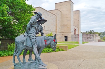 Skulptur af Simpson og æsel foran Australian War Memorial i Canberra, Australien