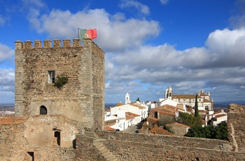 Monsaraz, Alentajo, Portugal - byen med borgtårn i forgrunden