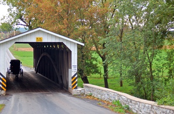 Amish i hestevogn under bro på landevej nær Lancaster i Pennsylvania, USA