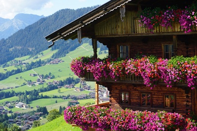Alpehytte med blomster i Østrig