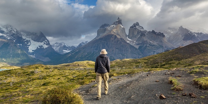 På vandretur i Torres del Paine National Park i Chile, Patagonien