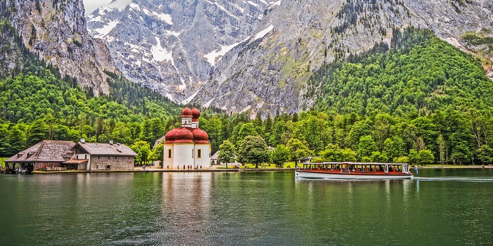 Sejltur til jagtslot St. Bartholomä, Obersee og Königsee i Berchtesgaden Nationalpark, Sydtyskland