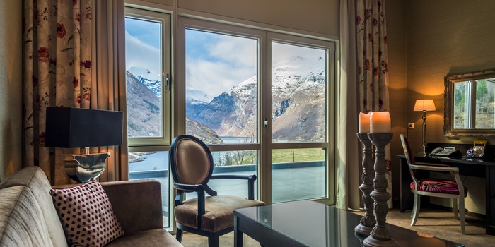 Udsigt fra værelse på Hotel Union i Geiranger, Norge