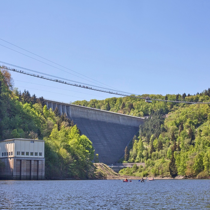 Hængebro og dæmning, Rappbodetal, Harzen i Tyskland