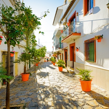 Gade med hvidkalkede huse og blomster krukker i Estepona, Andalusien