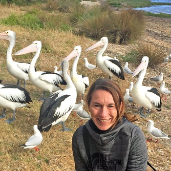 Christina med pelikaner på Kangaroo Island