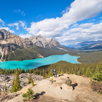 Vandere nyder udsigten til Peyto Lake i Banff Nationalpark, Canada