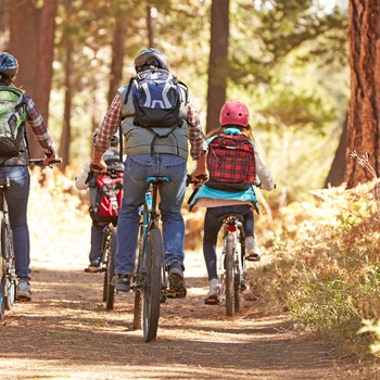 Familie på cykeltur gennem skov i efterårsferien