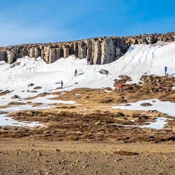 Turister ved Gerðubergs basaltklipper i det vestlige Island