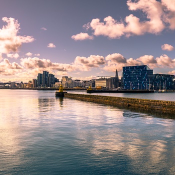 Udsigt til musikhuset HARPA i Reykjavik, Island