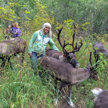 Jane med rensdyr og besøgende på Running Raindeer Ranch nær Fairbanks - Alaska