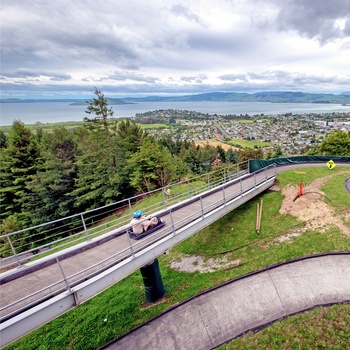 Med luge på vej ned ad Mount Ngongota i Skyline Rotorua - Nordøen i New Zealand