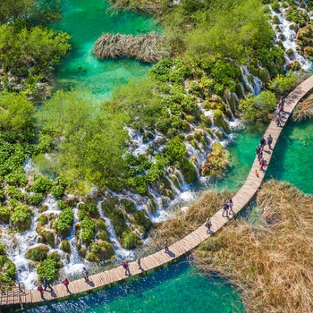 Gangbro med turister gennem Plitvice Lakes National Park i Kroatien