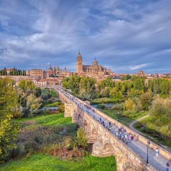 Byen Salamanca med den romerske bro og katedralen i baggrunden - nordlige Spanien