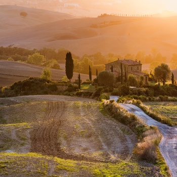 Solnedgang i Val d'Orcia i Toscana