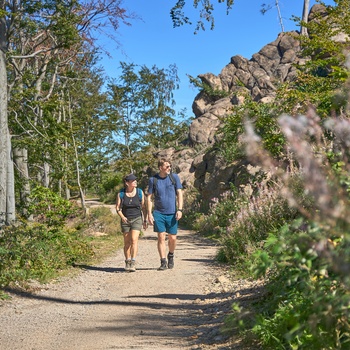 Foto: Par der vandrer forbi en klippeformation i Harzen, Tyskland - © GNTB