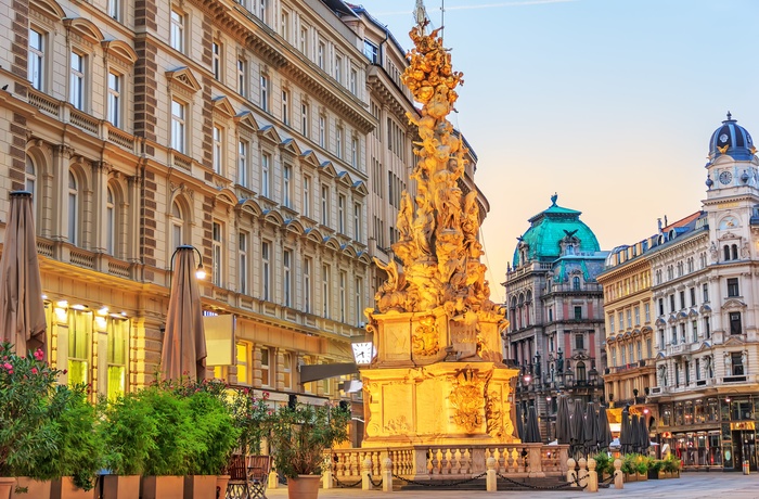 Indkøbs- og gågaden Graben med monument i Wien, Østrig