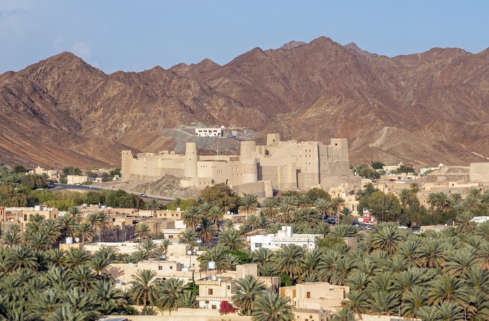 Udsigt til Bahla Fort med Jebel Akhdar-bjergene i baggrunden - Oman