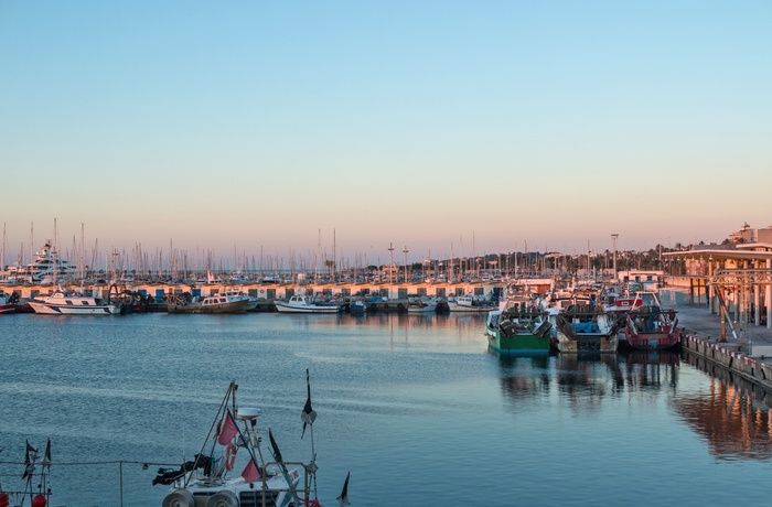 Havn med fiskebåde i feriebyen Vilanova I la Geltru, Costa Dorada i Spanien