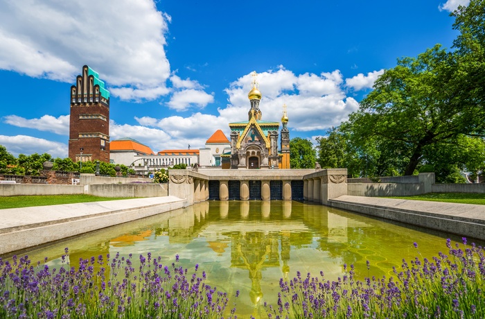 Russisk kapel og Wedding Tower - kunstnerkolonien på Mathildenhöhe i Darmstadt - Midttyskland