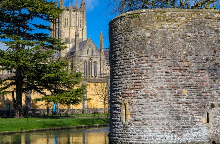 England, Somerset, Wells - smukt syn af voldgraven og den ydre borgmur rundt om Bishop's Palace med katedralen i baggrunden