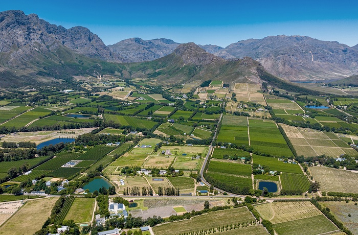 Udsigt til vinmarker og gårde i Franschhoek Wine Walley i Sydafrika