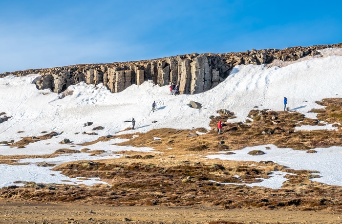 Turister ved Gerðubergs basaltklipper i det vestlige Island