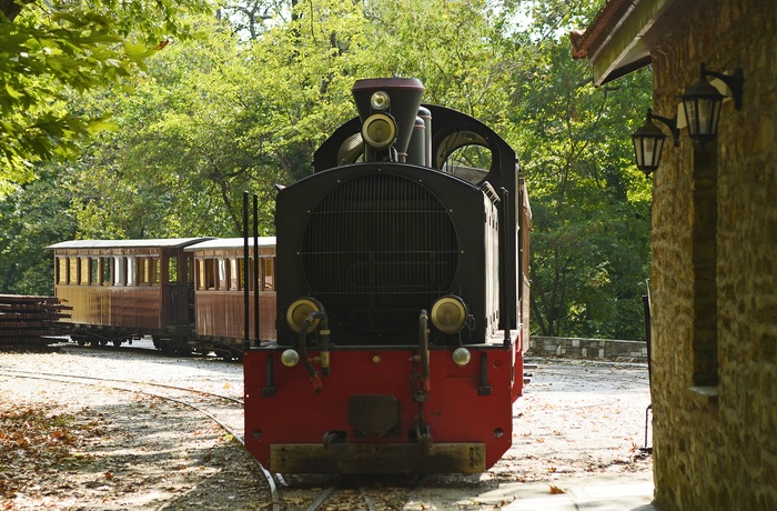 Toget Moutzouris ved togstationen i byen Miléai på Pelion-halvøen - Grækenland