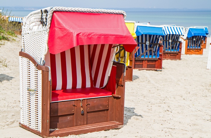 De klassiske strandstole på Timmendorfer Strand, Nordtyskland