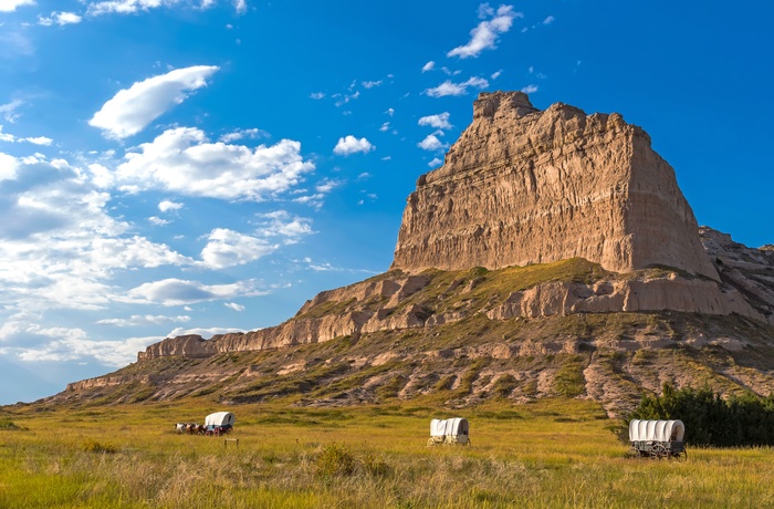 Kolonne af hestetrukne vogne langs Oregon Trail i Nebraska - USA