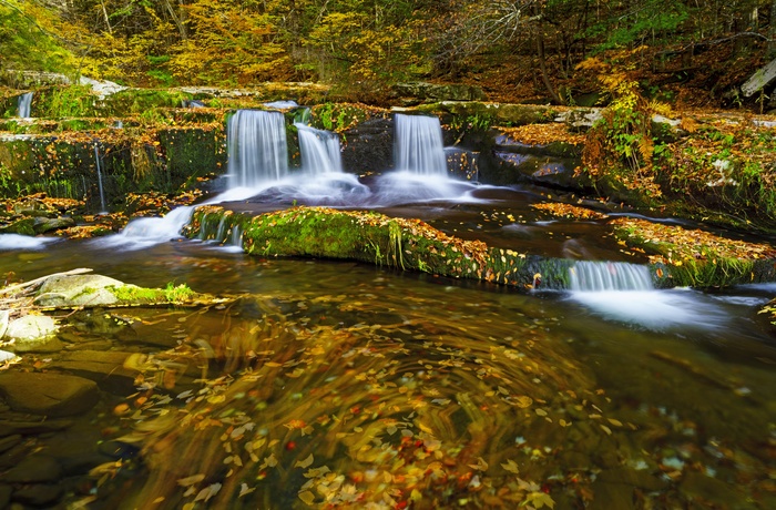 Vandfald i Catskills Mountains om efteråret, New York State i USA