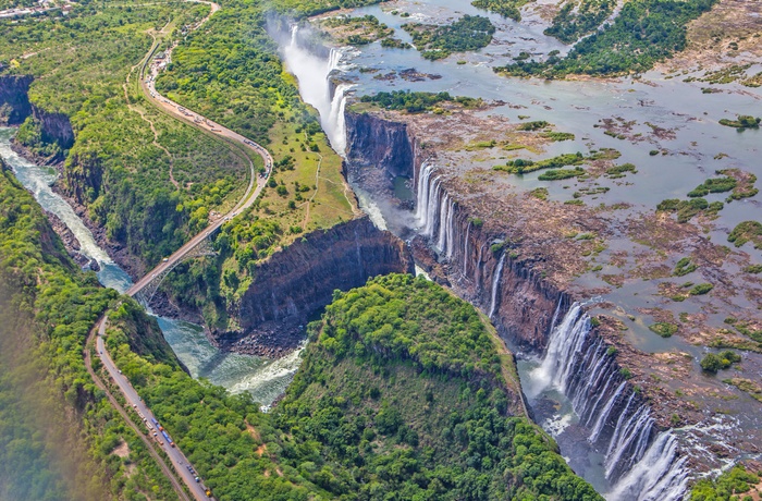 Luftfoto af Victoria Falls mellem Zambia og Zimbabwe i Afrika