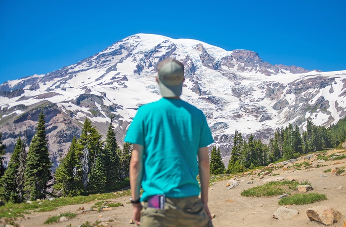 Hiker ser på på Mount Rainier i nationalparken, Washington State i USA