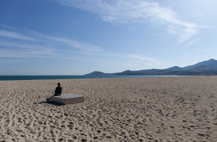 Strand med bjerge i baggrunden i Argèles-sur-mer, Frankrig