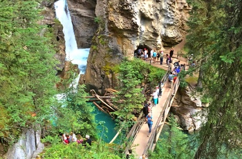 Gangbro med turister gennem Johnston Canyon i Banff National Park, Alberta i Canada