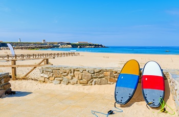 Farverige surfbrædder på strand - Andalusien