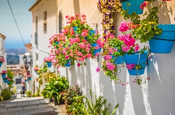 Blomsterkrukker på husfacader i Mijas - Andalusien i Spanien