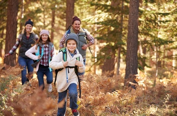 Familie på vandretur gennem skov i Californien