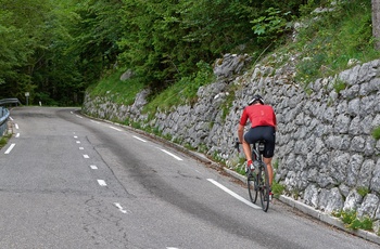 Cyklist på vej til Vrsic-bjergpasset i Slovenien