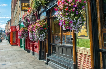 Facade med blomster og pub-skilt i Dublin