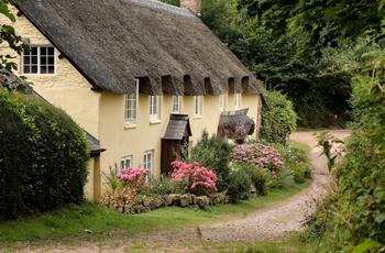 England, Somerset - gamle huse med stråtag præger bybilledet omkring byen Dunster