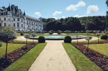 Slottet Chateau de Chenonceau i Loiredalen set fra haven, Frankrig