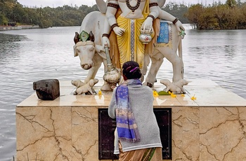 Lokal beder og offer til hindustatue ved det helligste sted for hinduer - Grand Bassin i Mauritius