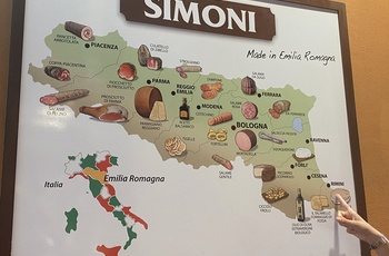 Skilt med Emilia-Romagna regionens verdenskendte madprodukter - Italien