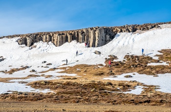Turister ved Gerðubergs basaltklipper i det vestlige Island