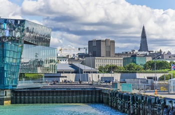 Udsigt til musikhuset HARPA og bymidten i Reykjavik, Island