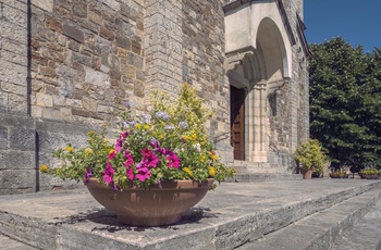 Blomster foran kirken San Salvatore i Castellina in Chianti i Toscana - Italien