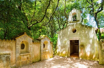 Lille kirke mellem træerne på øen Kosljun i Kvarnerbugten - Kroatien